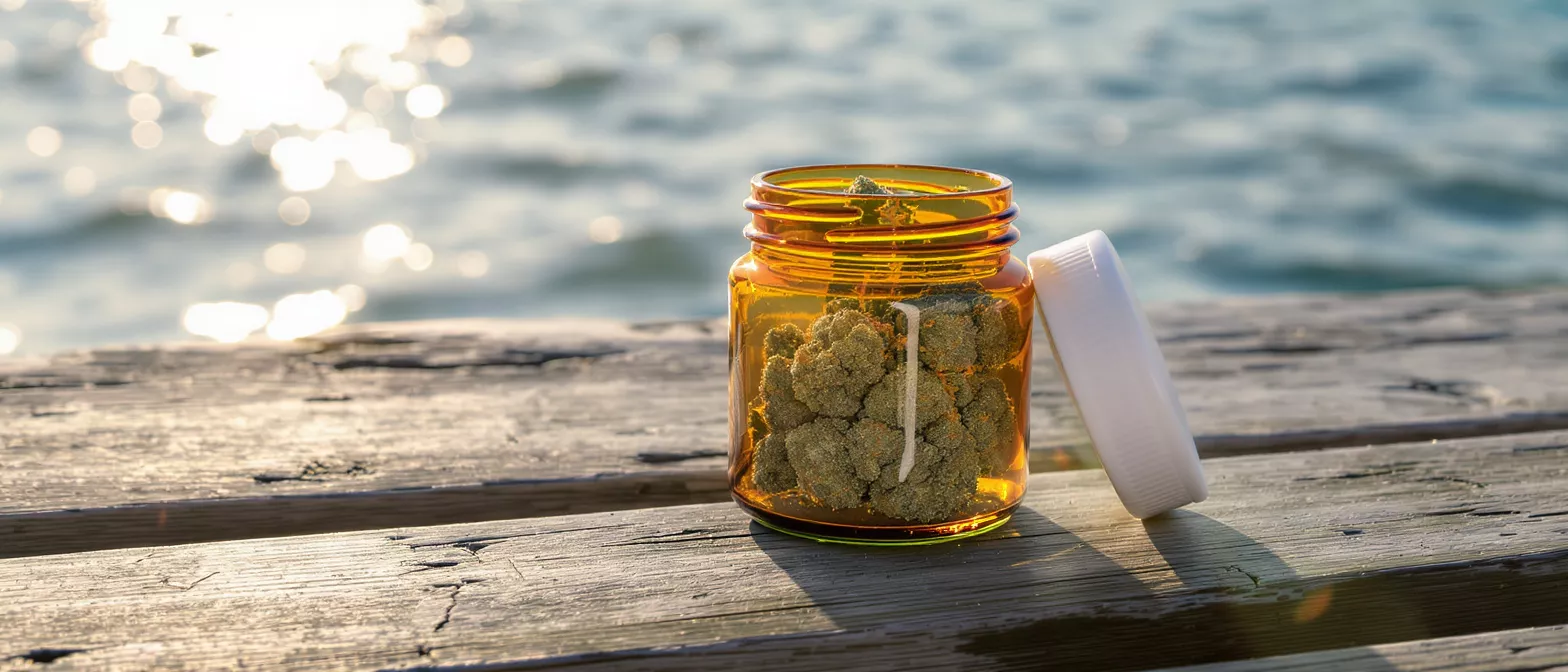 Amber jar of cannabis buds on a wooden dock with sparkling water in background.
