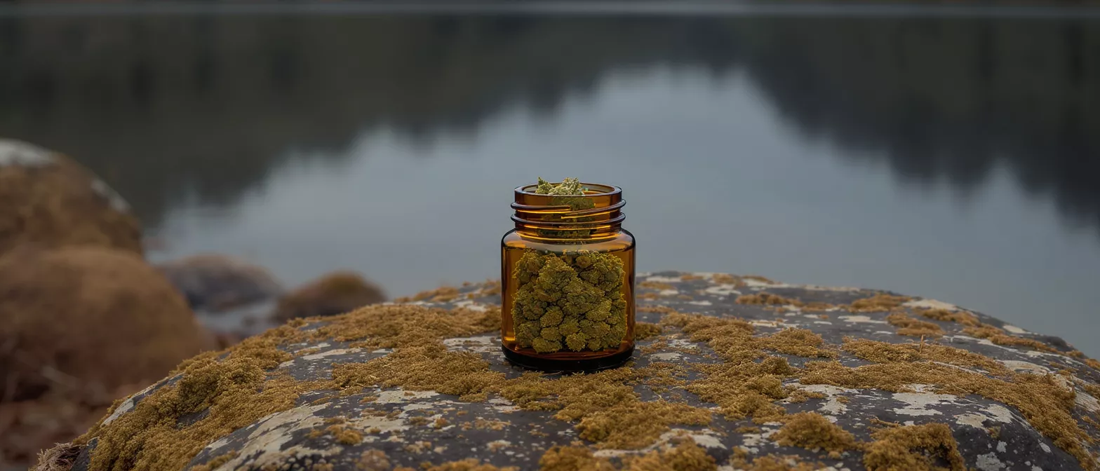 Amber jar filled with cannabis buds on a mossy rock by a lake.
