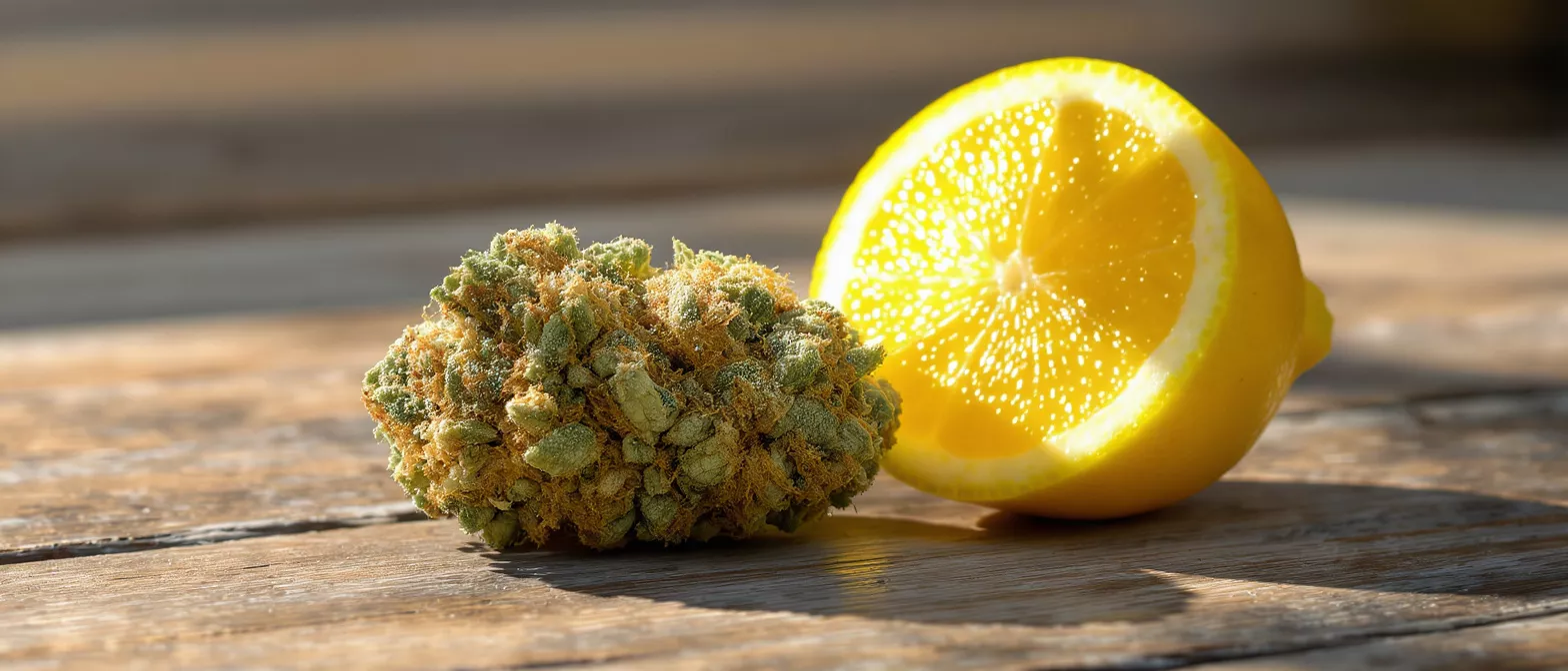A vibrant cannabis bud next to a bright yellow lemon half on a rustic wooden surface.
