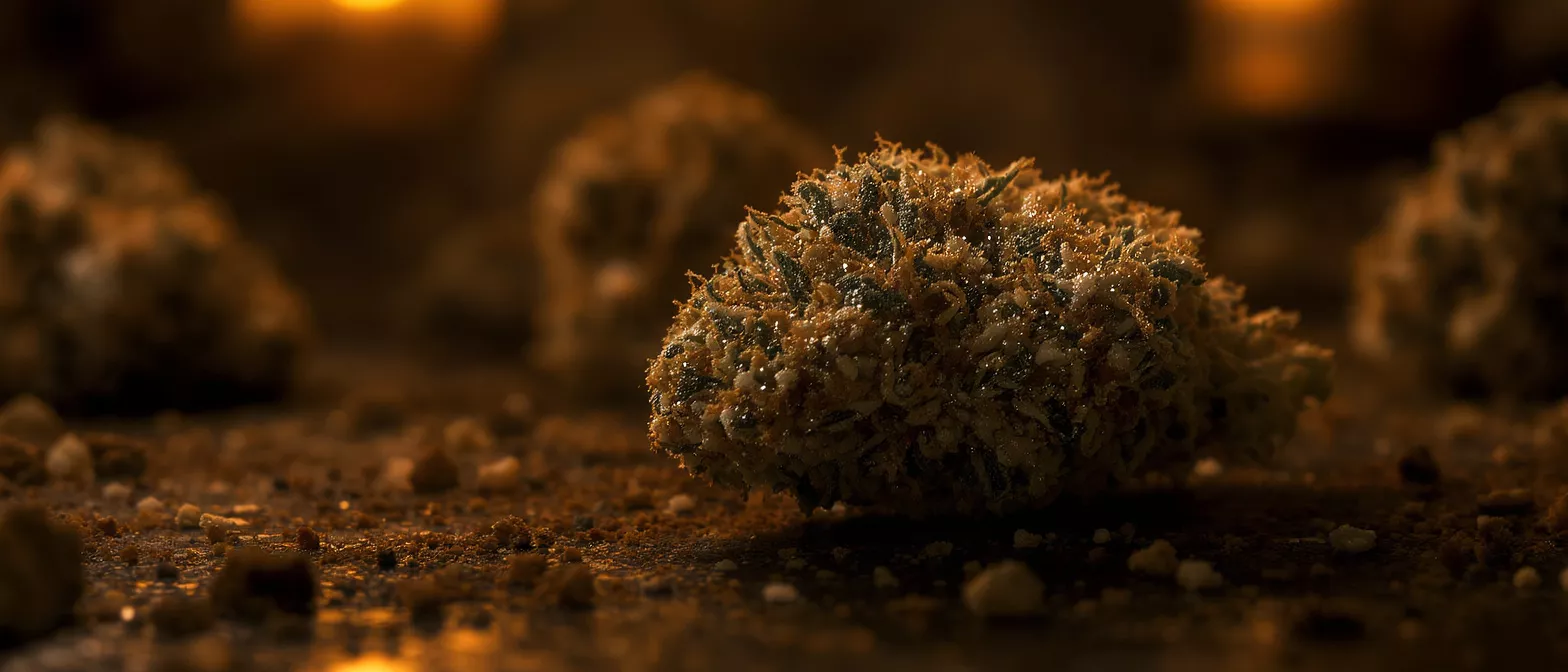 Close-up of a sparkling cannabis nugget on a dark, textured surface.