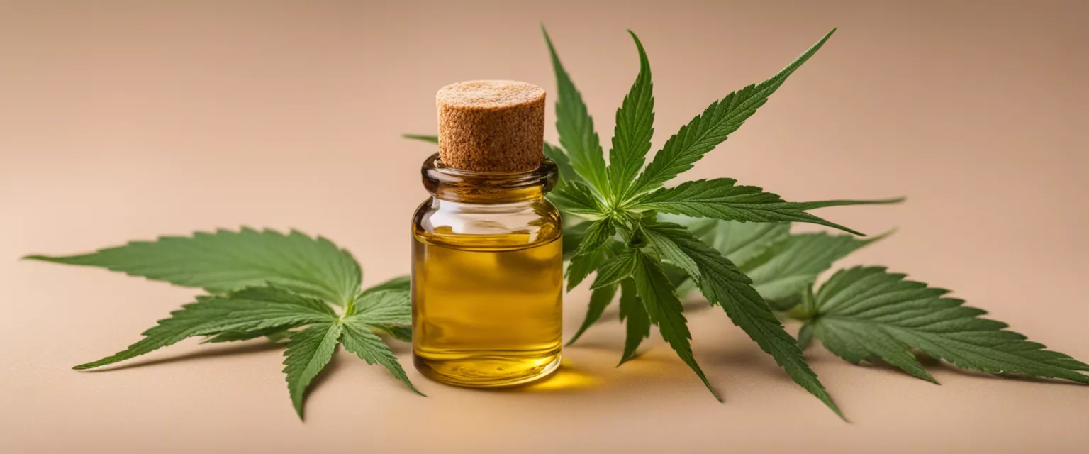 Cannabis oil in glass bottle with fresh green leaves on neutral background.