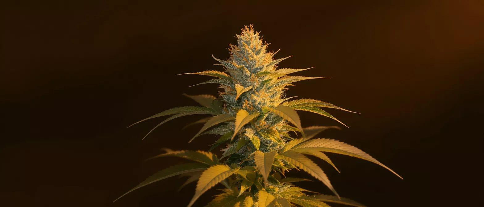 Close-up of a vibrant cannabis plant bud with trichomes and leaves.