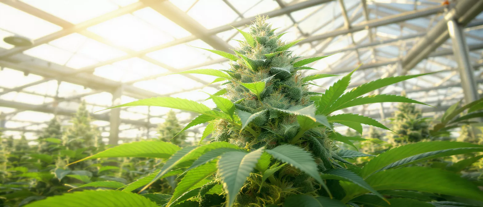 A vibrant cannabis plant with dense buds growing in a sunlit greenhouse.