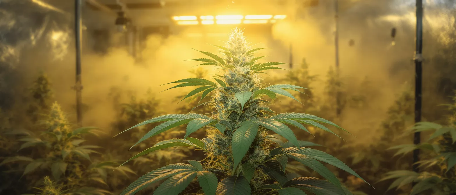 A vibrant cannabis plant with large buds under bright yellow HPS grow lights.