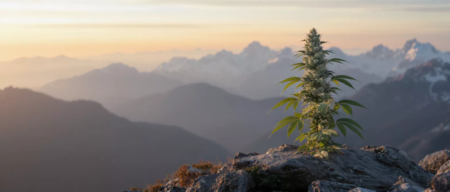 A vibrant cannabis plant stands on a rocky mountain peak at sunset.