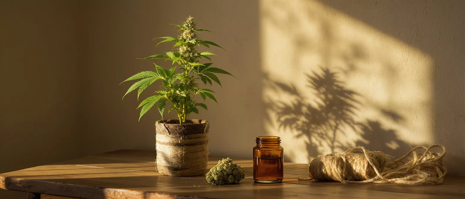 A cannabis plant, oil bottle, and hemp fiber on a wooden table.