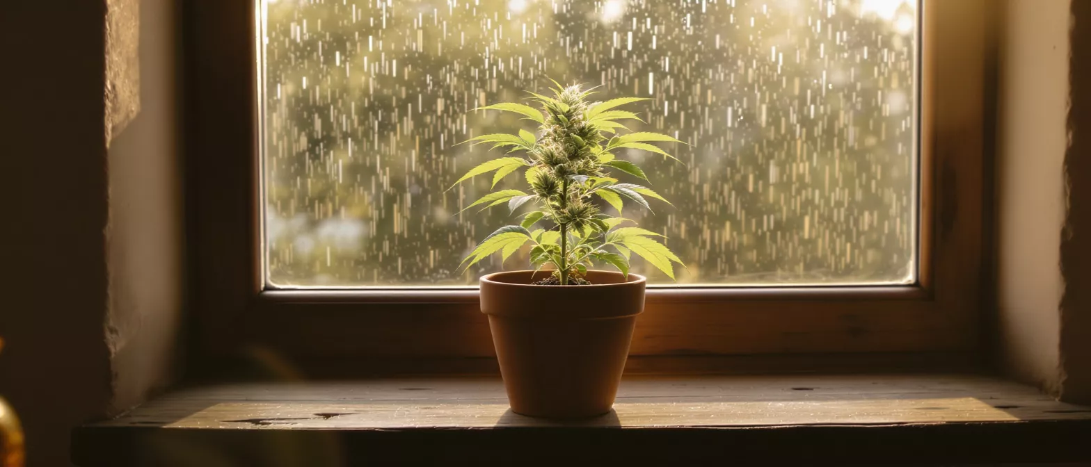 A vibrant cannabis plant in a terracotta pot sits on a sunlit windowsill during a light rain.