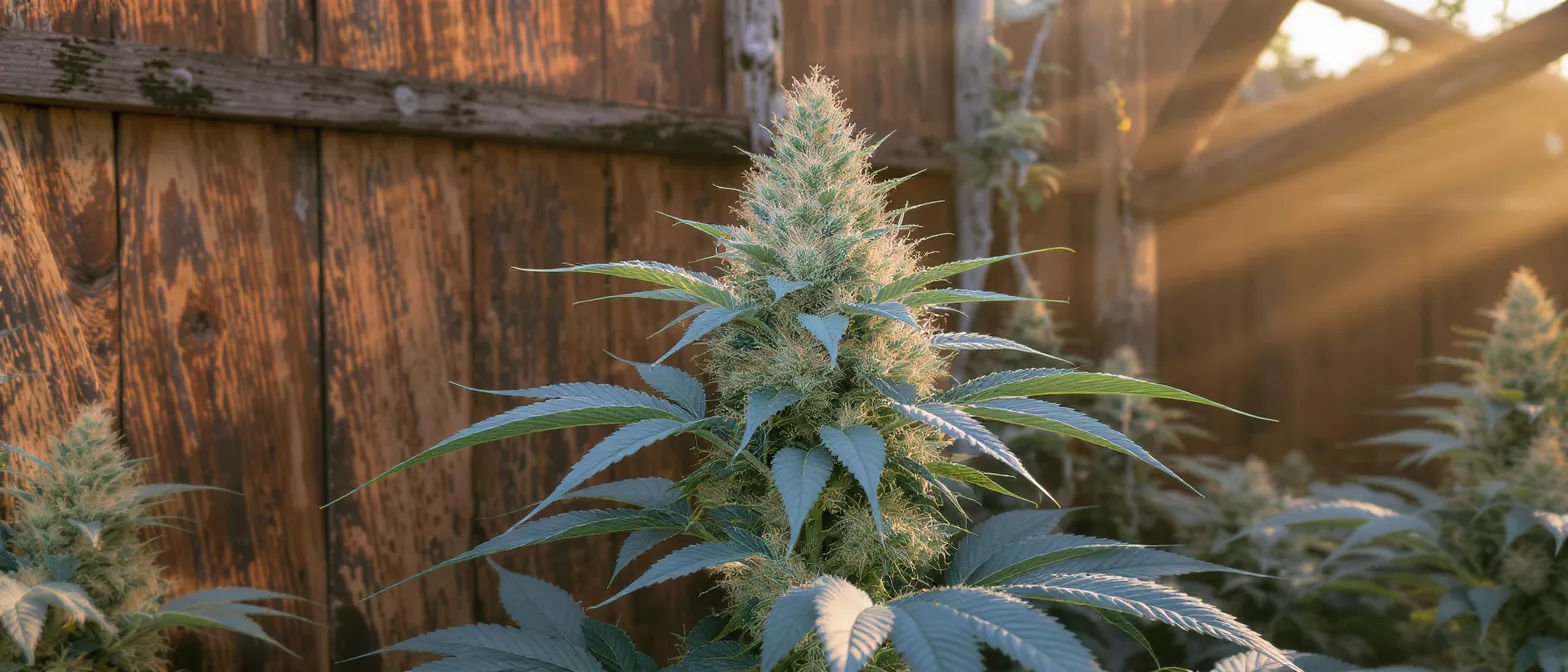 Une plante de cannabis vive avec de larges bourgeons et feuilles, baignée dans une lumière dorée.