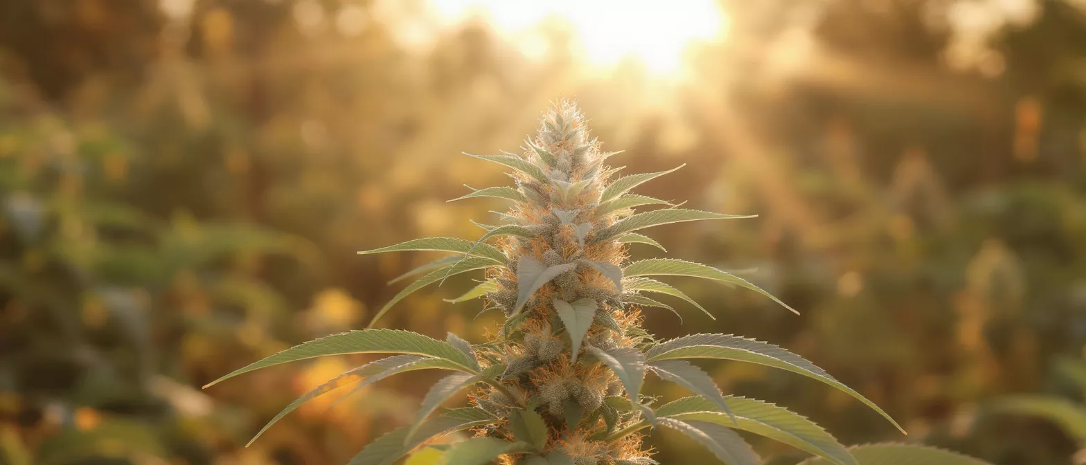 A vibrant cannabis plant bud glowing in warm, golden sunset light outdoors.