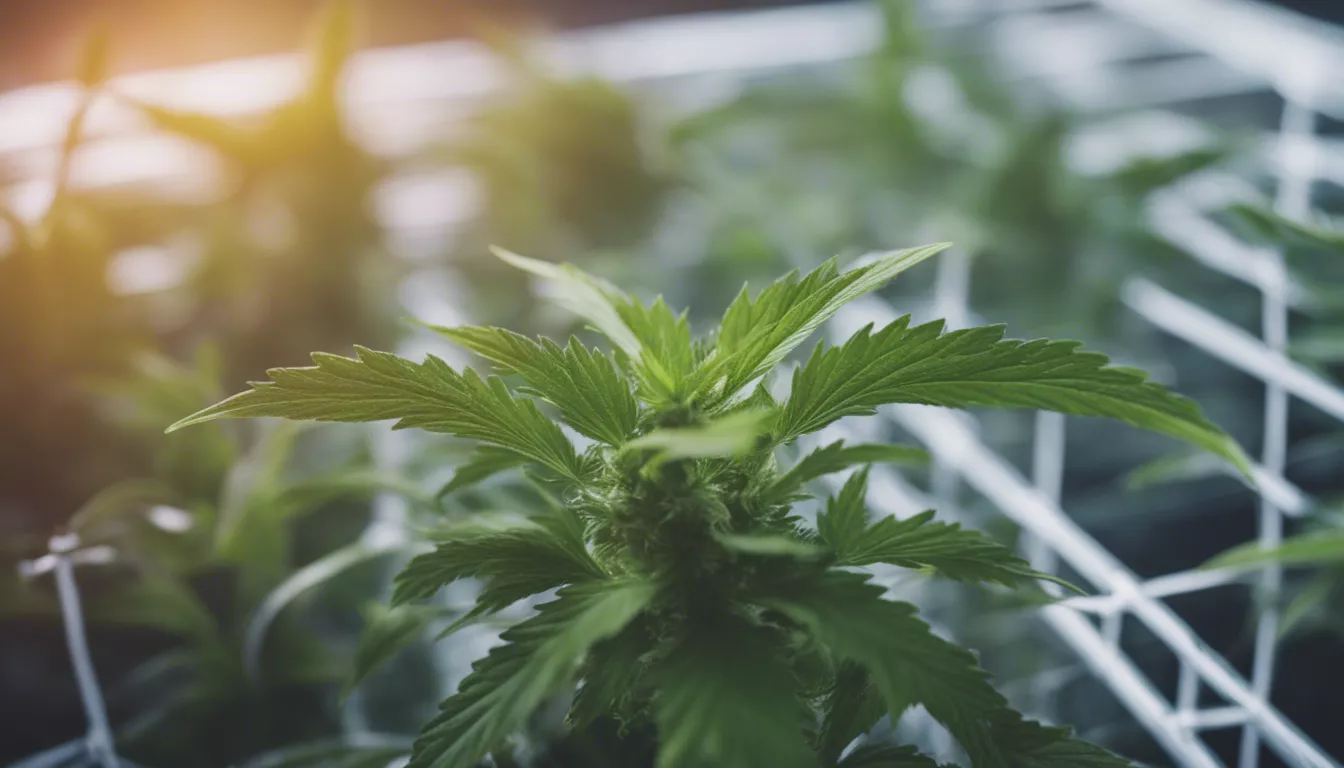 Healthy cannabis plant in vegetative stage with vibrant green leaves in indoor greenhouse.