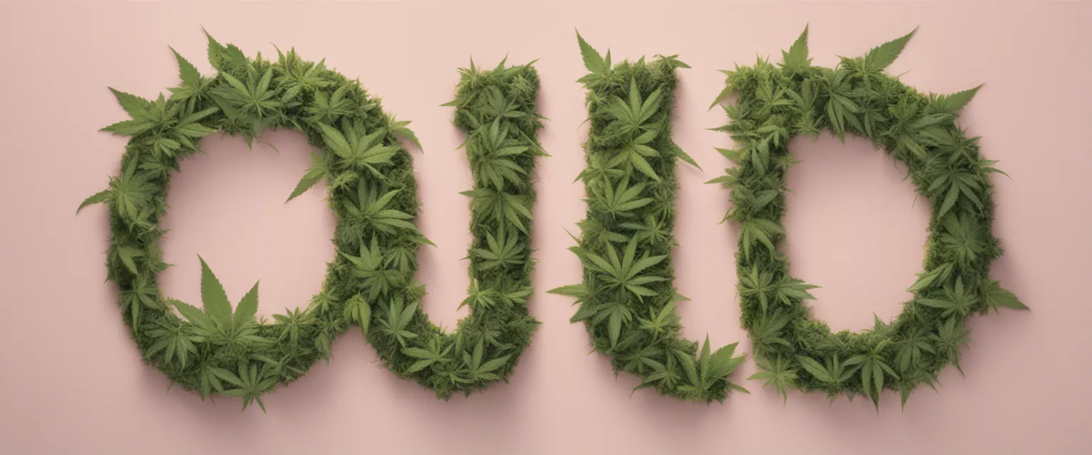 CBD spelled with cannabis leaves on pink background.
