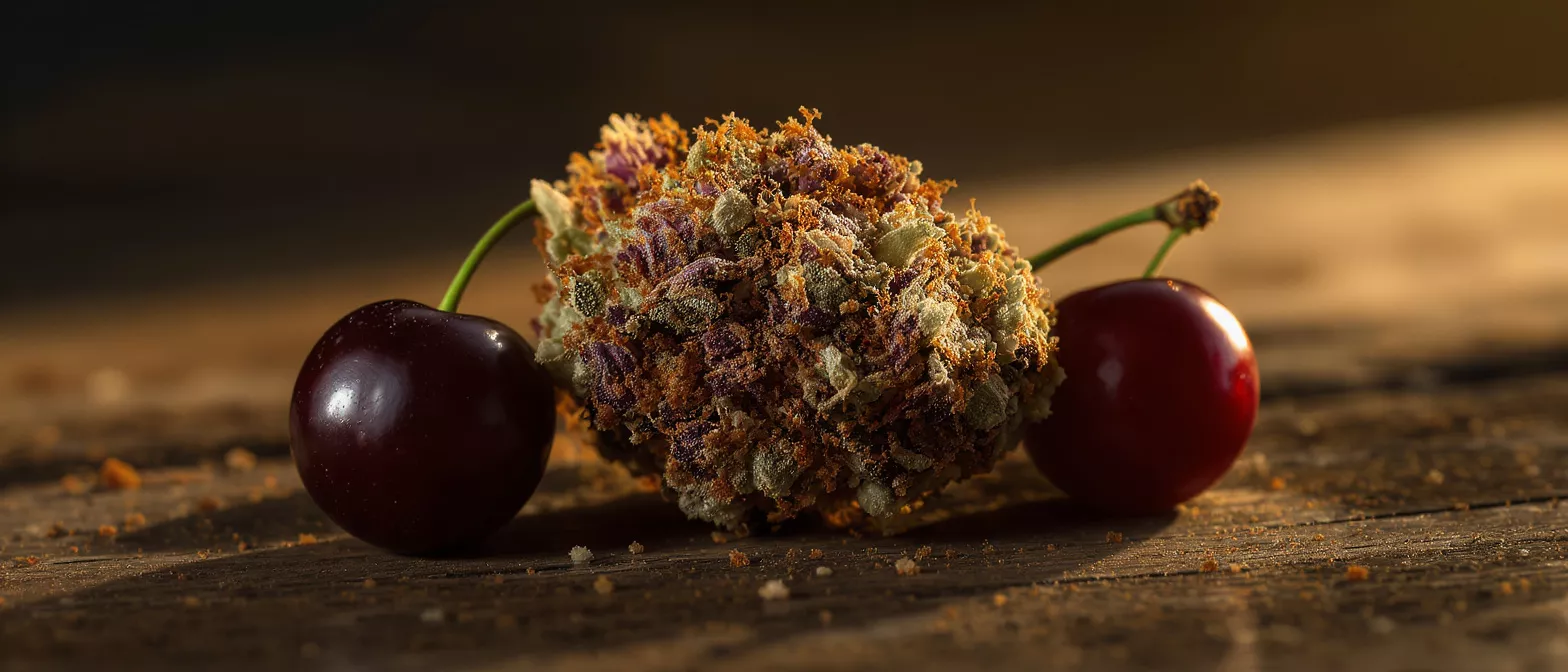 Two cherries flank a vibrant cannabis bud on a rustic wooden surface.