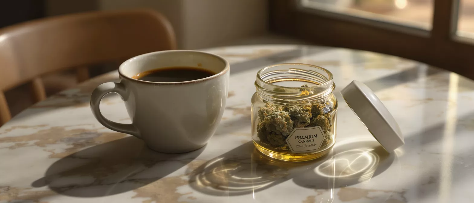 A cup of coffee and a jar of premium cannabis on a marble table.