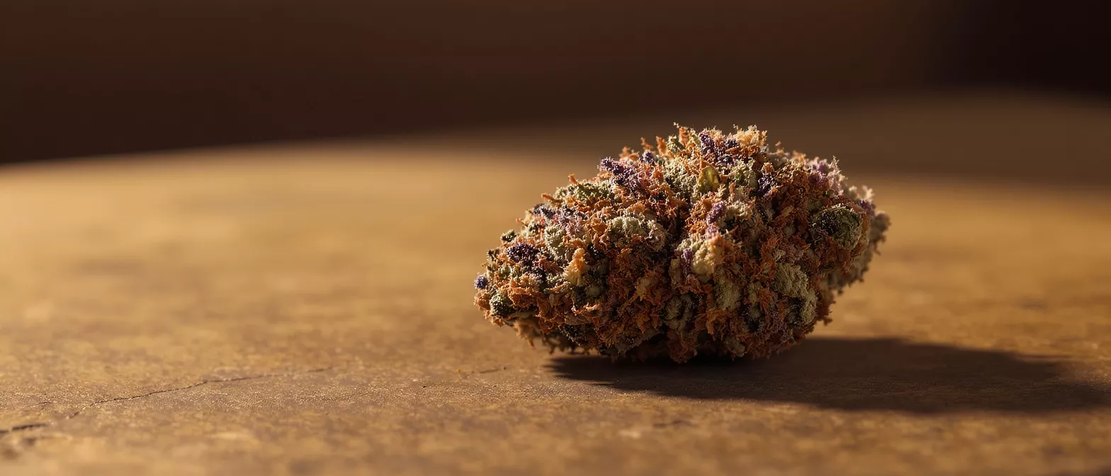 A vibrant cannabis bud with purple, orange, and green hues on a brown surface.