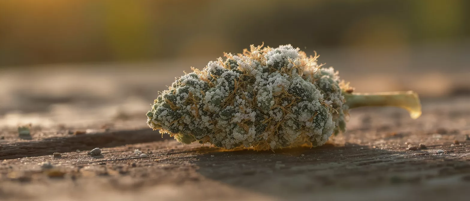 Close-up of a frosted cannabis bud with trichomes on a wooden surface.