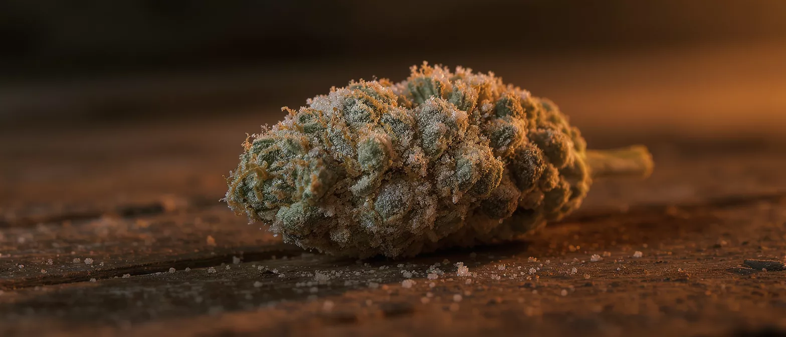 Close-up of a heavily frosted cannabis bud on a wooden surface.