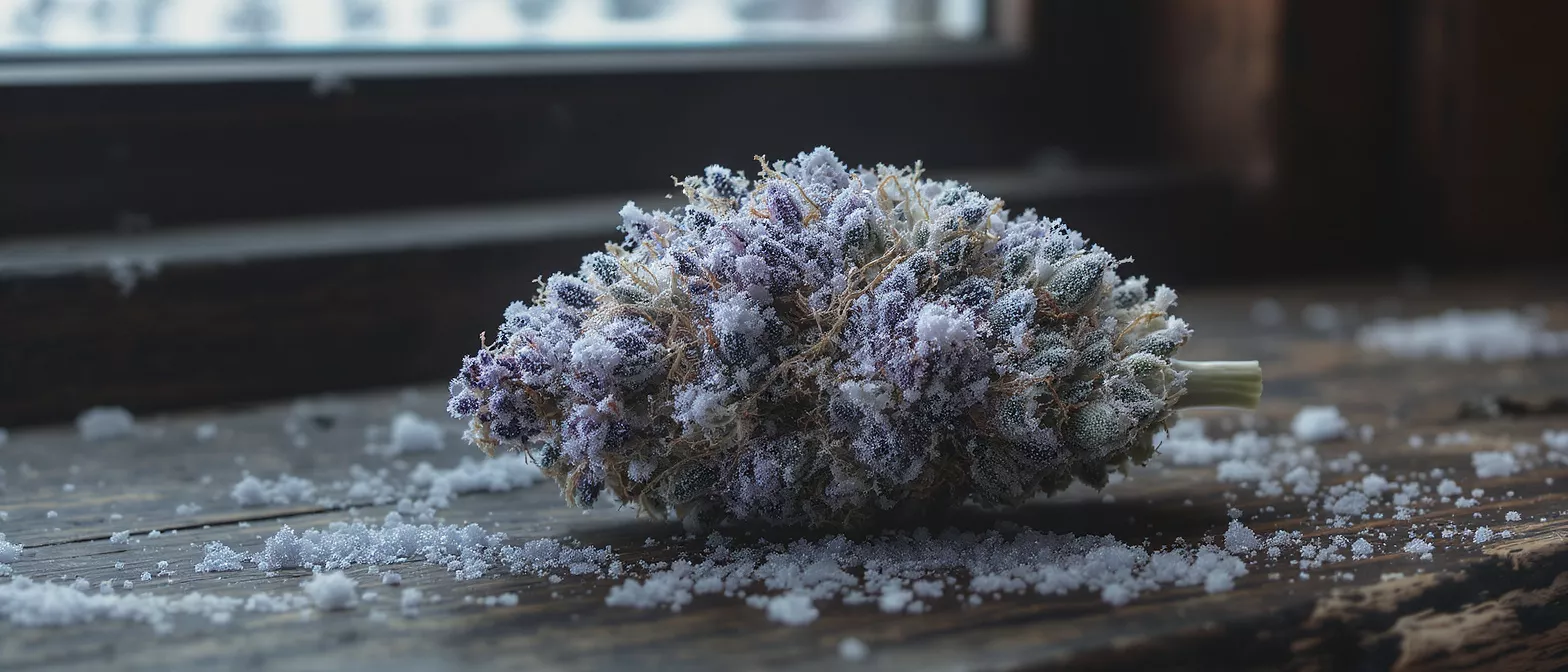 Close-up of a purple cannabis bud covered in white trichomes and frost.