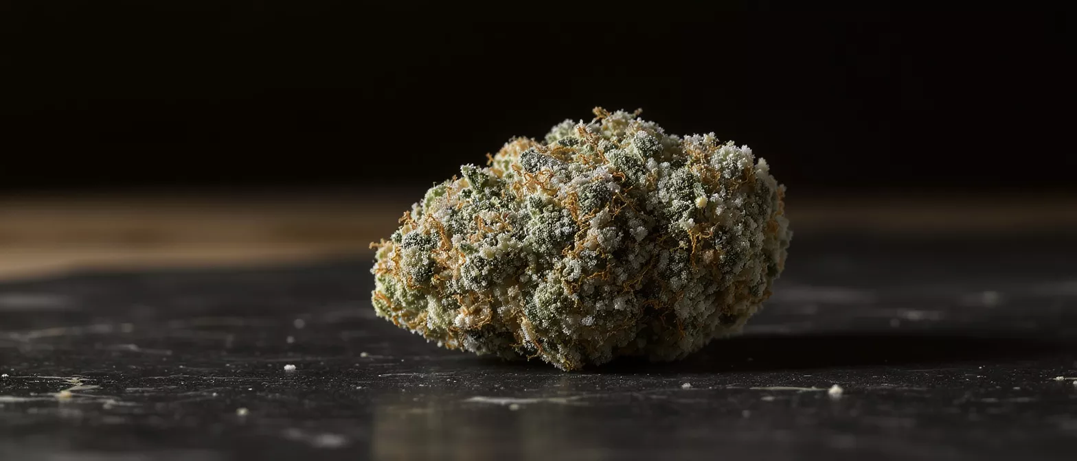 Close-up of a cannabis bud covered in white trichomes and orange hairs.