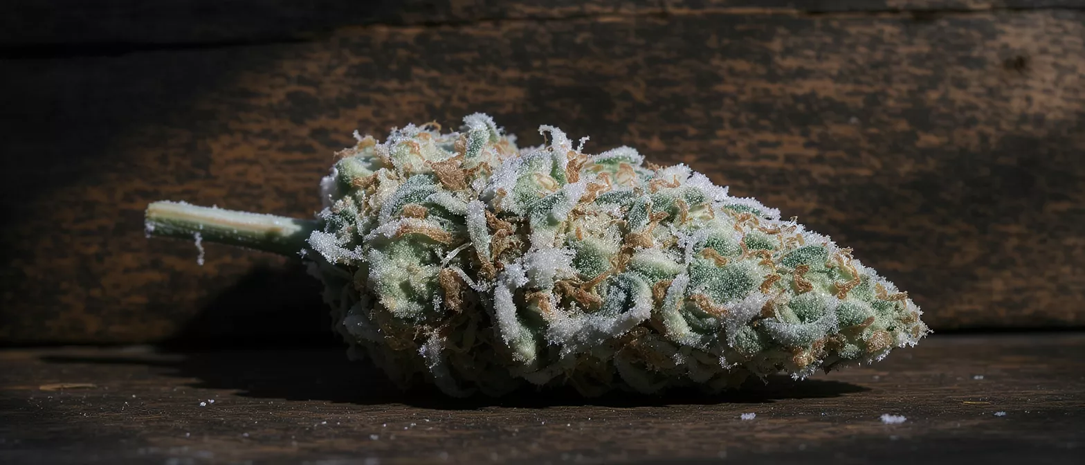 Close-up of a trichome-rich cannabis bud on a dark wooden surface.