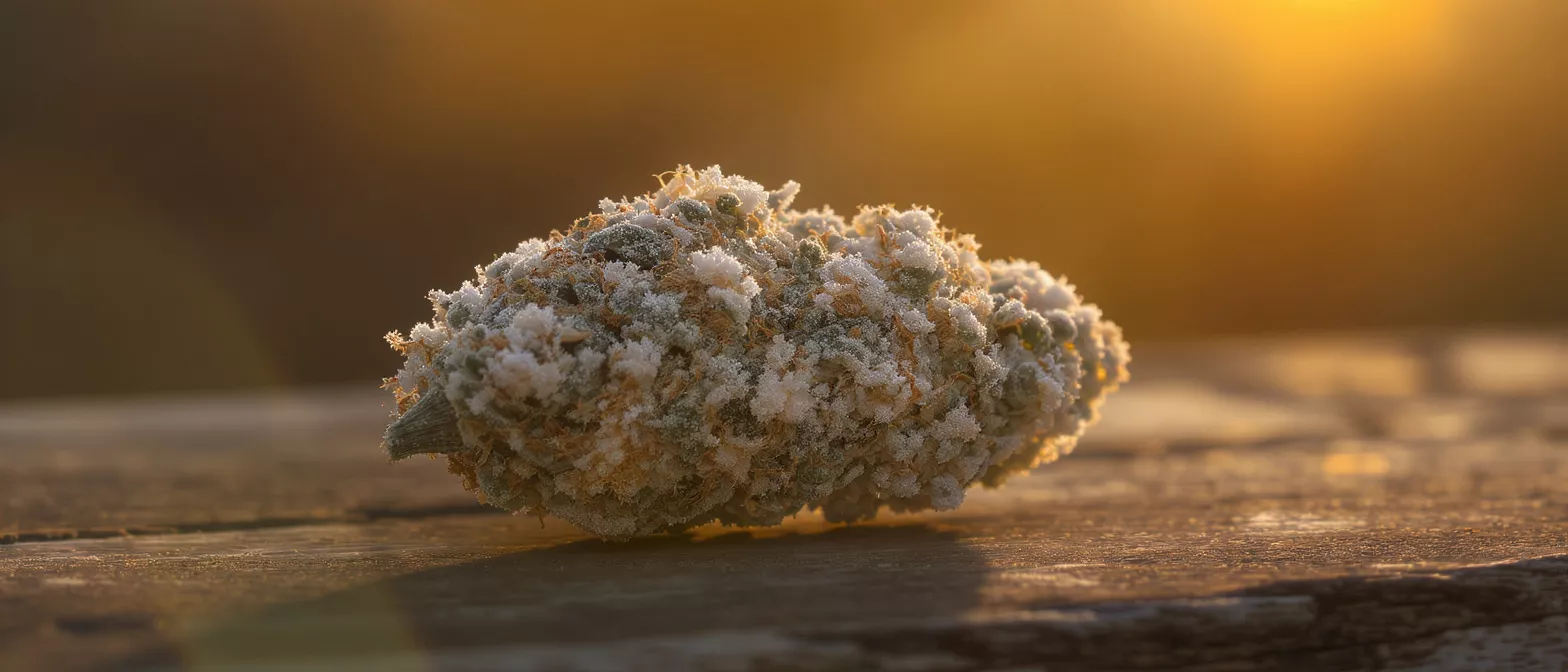 Close-up of a trichome-rich cannabis bud on a wooden surface bathed in golden light.