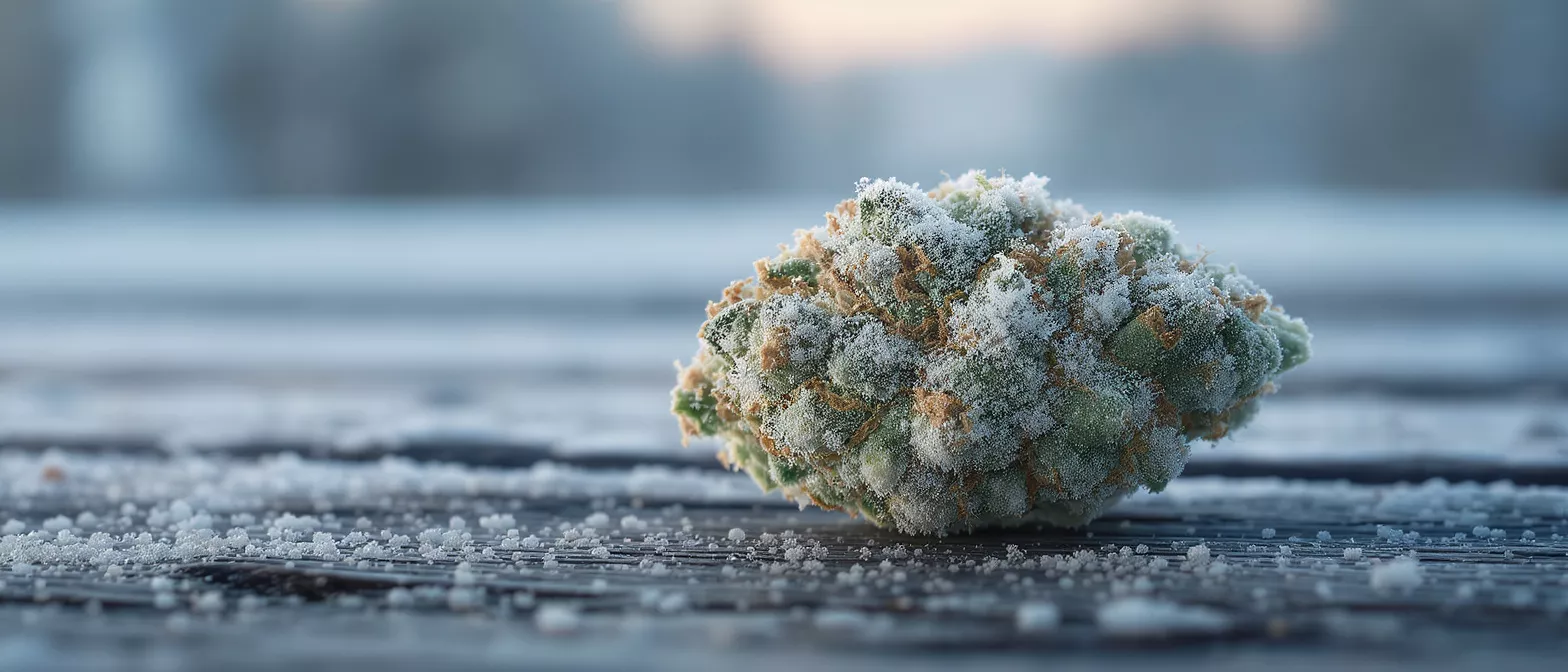 Close-up of a cannabis bud covered in white frost on a wooden surface.