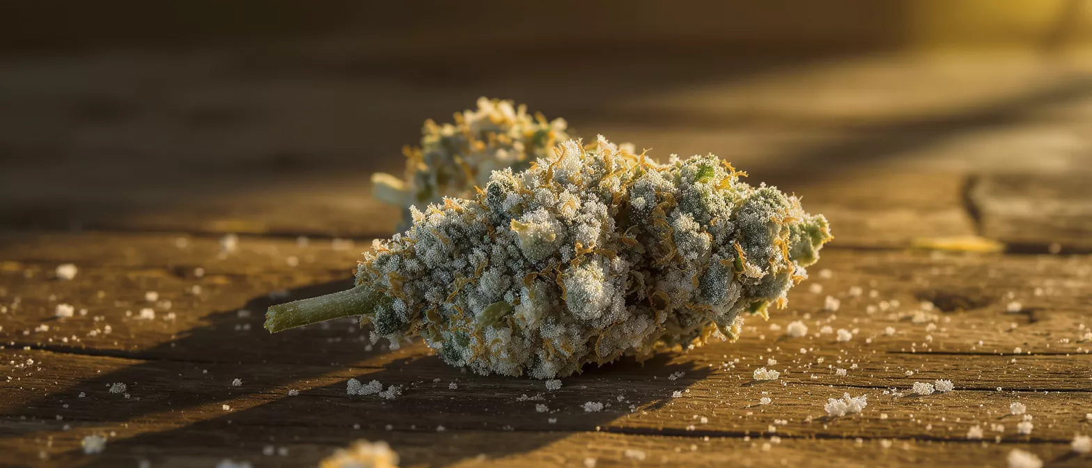 Close-up of a trichome-covered cannabis bud on a rustic wooden table.