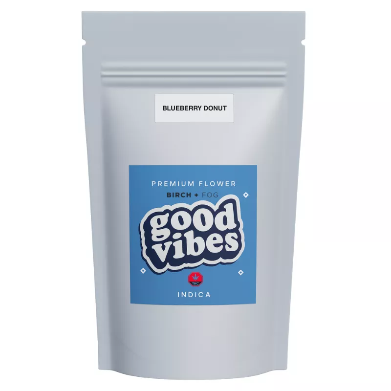 Premium Indica Flower: Blueberry Donut Flavor Packaging with blue label, white background, text reads good vibes and blueberry donut.