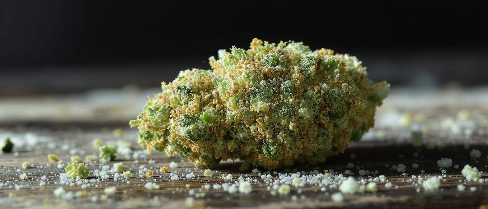 Close-up of a cannabis bud heavily coated in kief and trichomes on a wooden surface.
