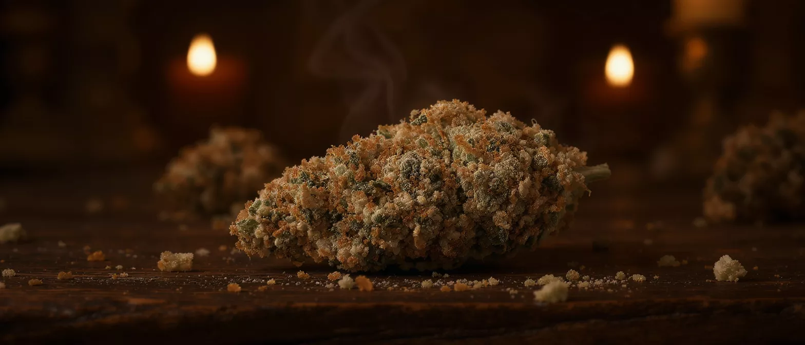 Close-up of a cannabis bud heavily coated in kief, with smoke and candles.