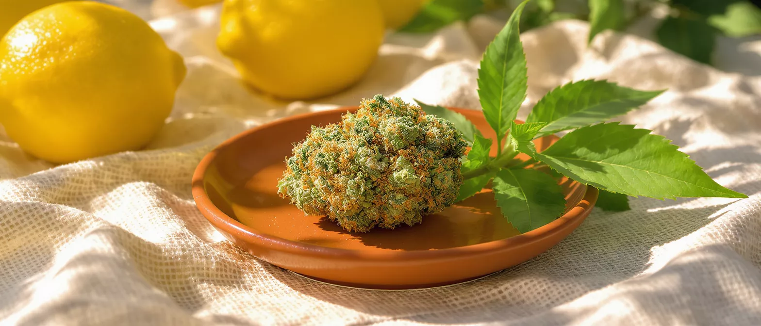 Close-up of a vibrant cannabis bud on a terracotta plate with fresh lemons.