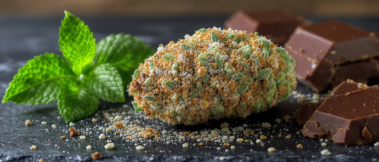 Cannabis nug coated in mint and chocolate crumbles with fresh mint and chocolate.