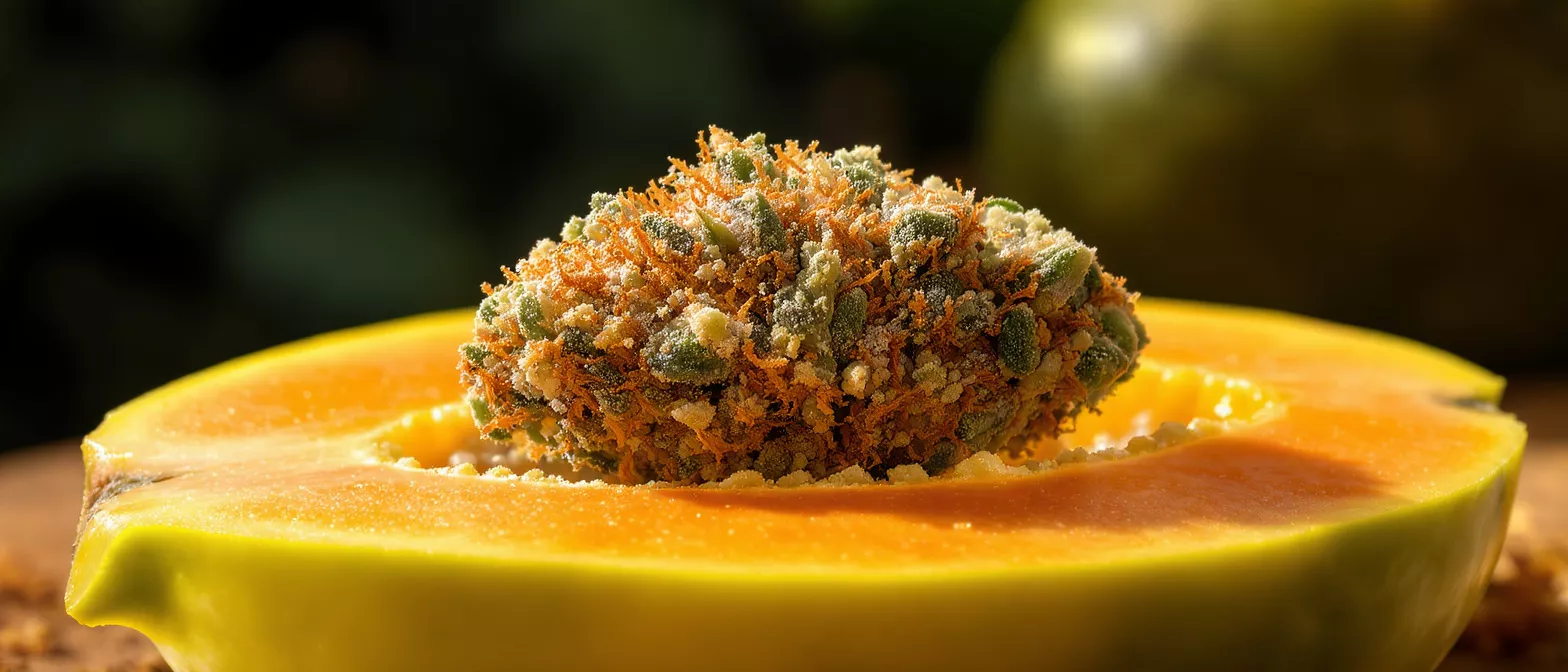 Close-up of a cannabis bud with orange hairs nestled in a halved papaya.