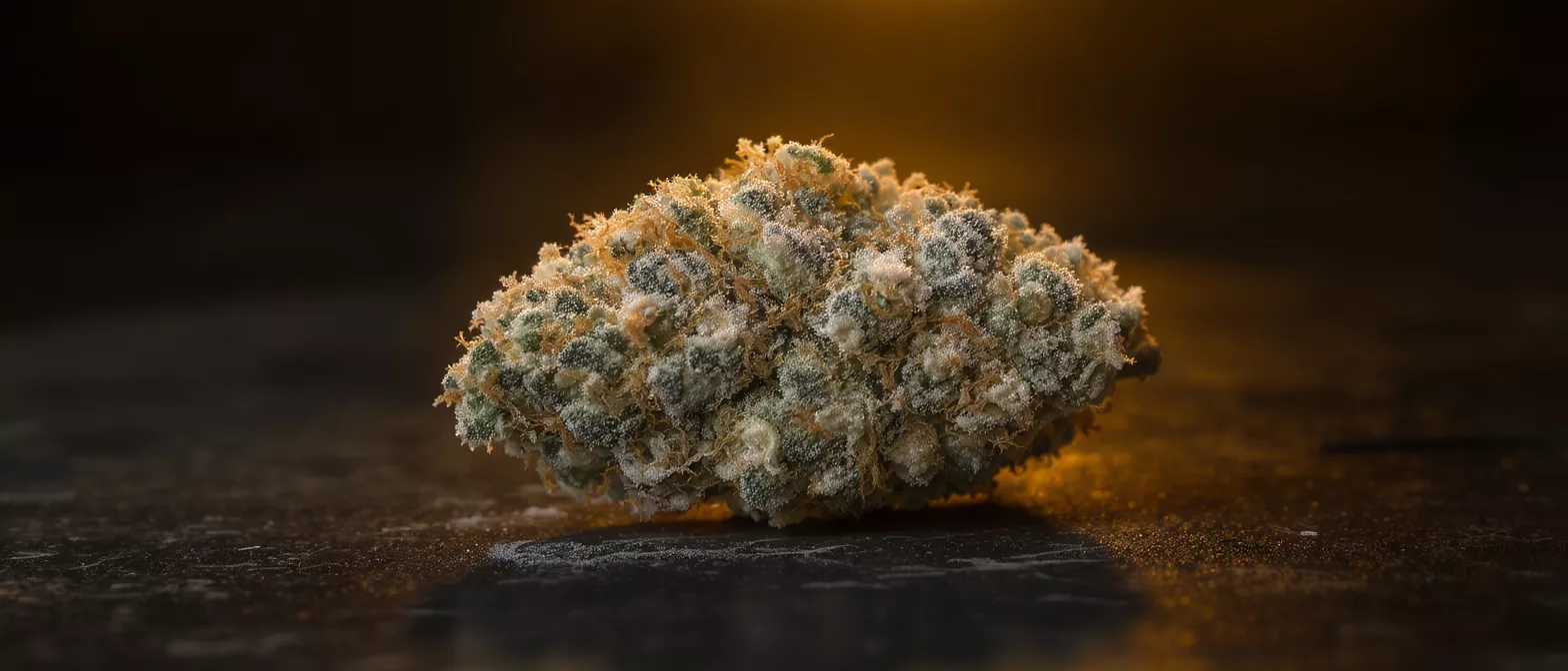 Close-up of a frosty cannabis bud with orange hairs on a dark background.