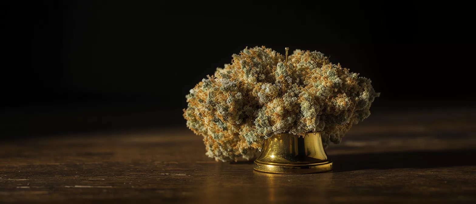 Close-up of a dense cannabis bud on a golden stand, dark background.