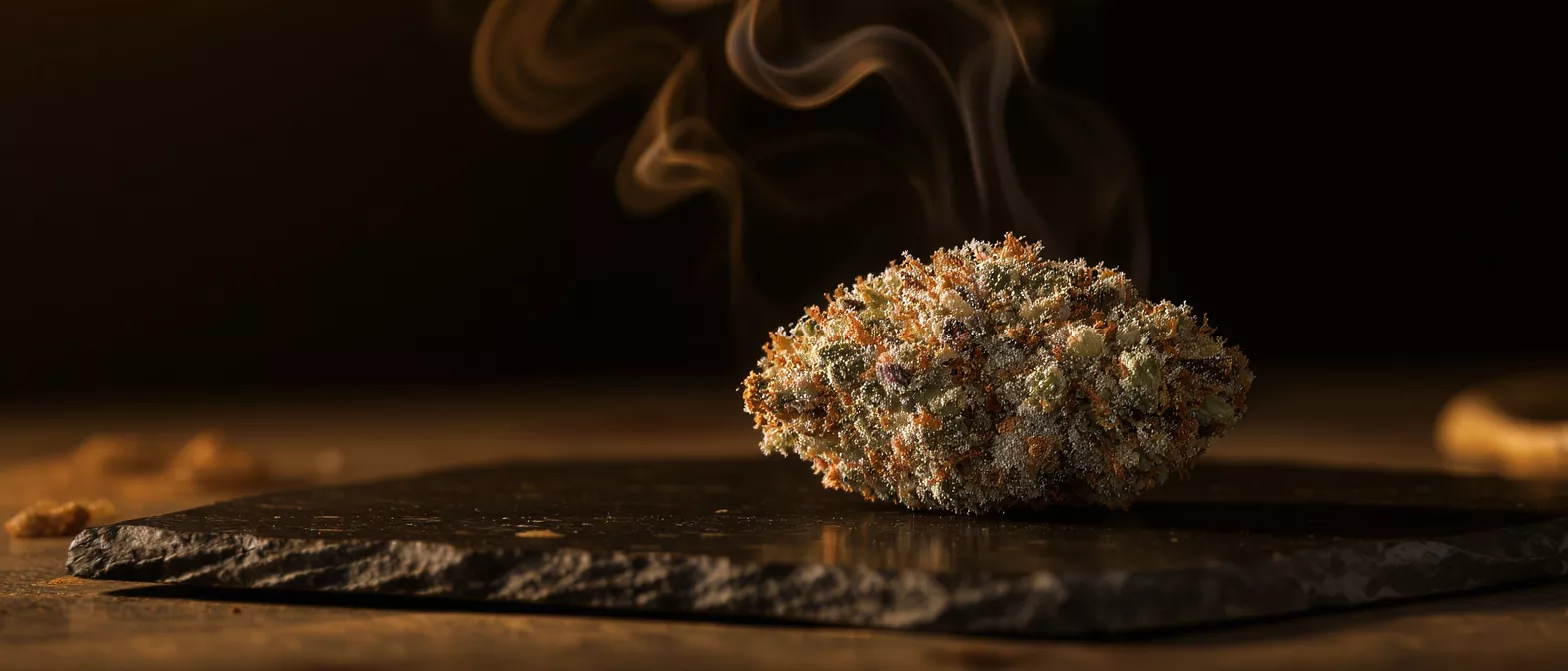Close-up of a frosty cannabis bud with wisps of smoke on a dark slate.