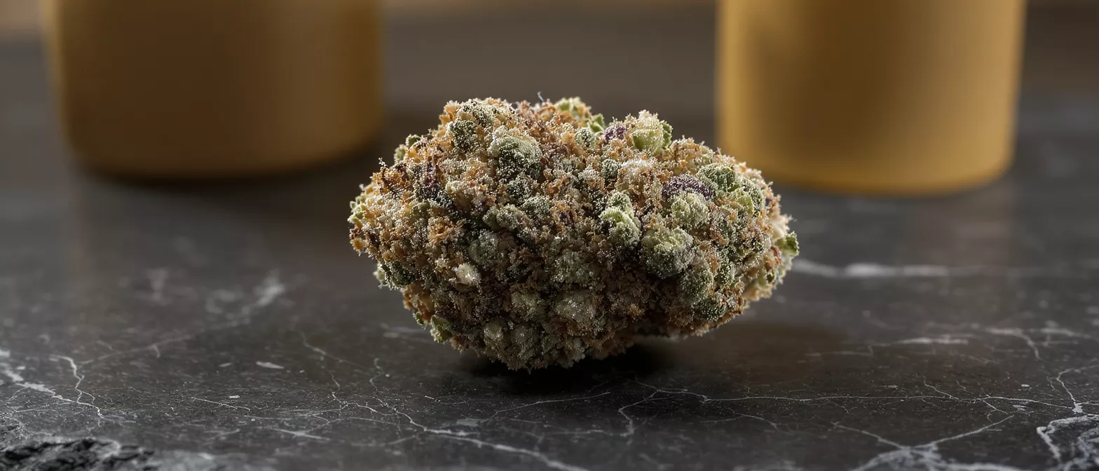 Close-up of a dense, trichome-covered cannabis bud on a dark marble surface.