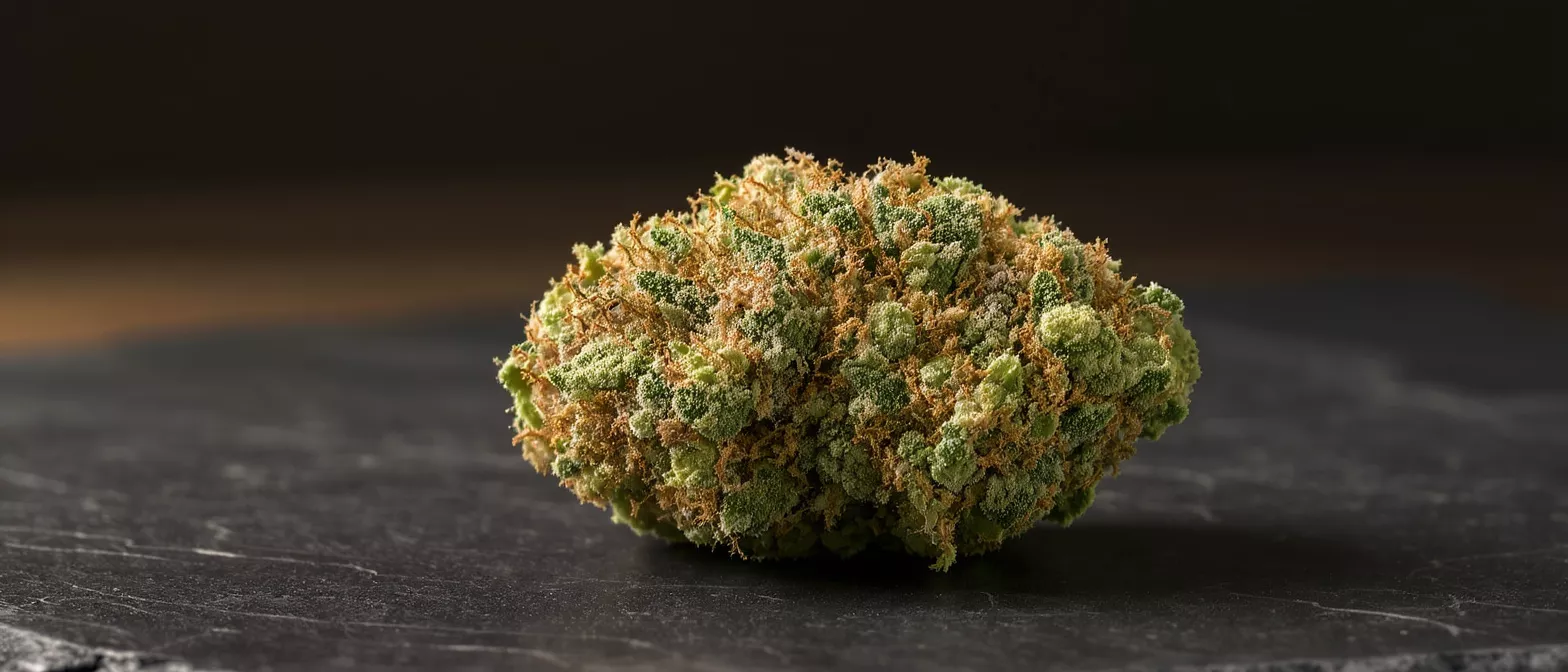 Close-up of a vibrant green and orange cannabis bud on a dark surface.