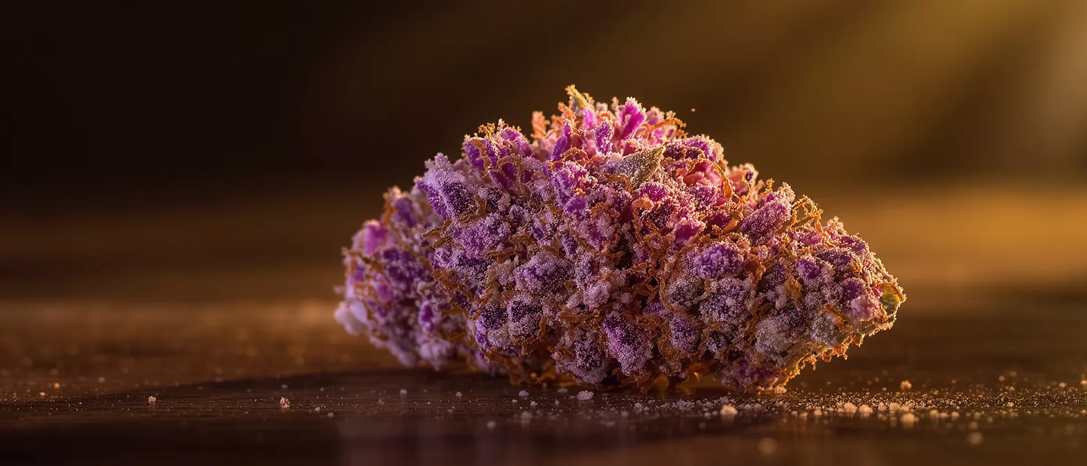 Close-up of a vibrant purple cannabis bud covered in trichomes on a dark surface.