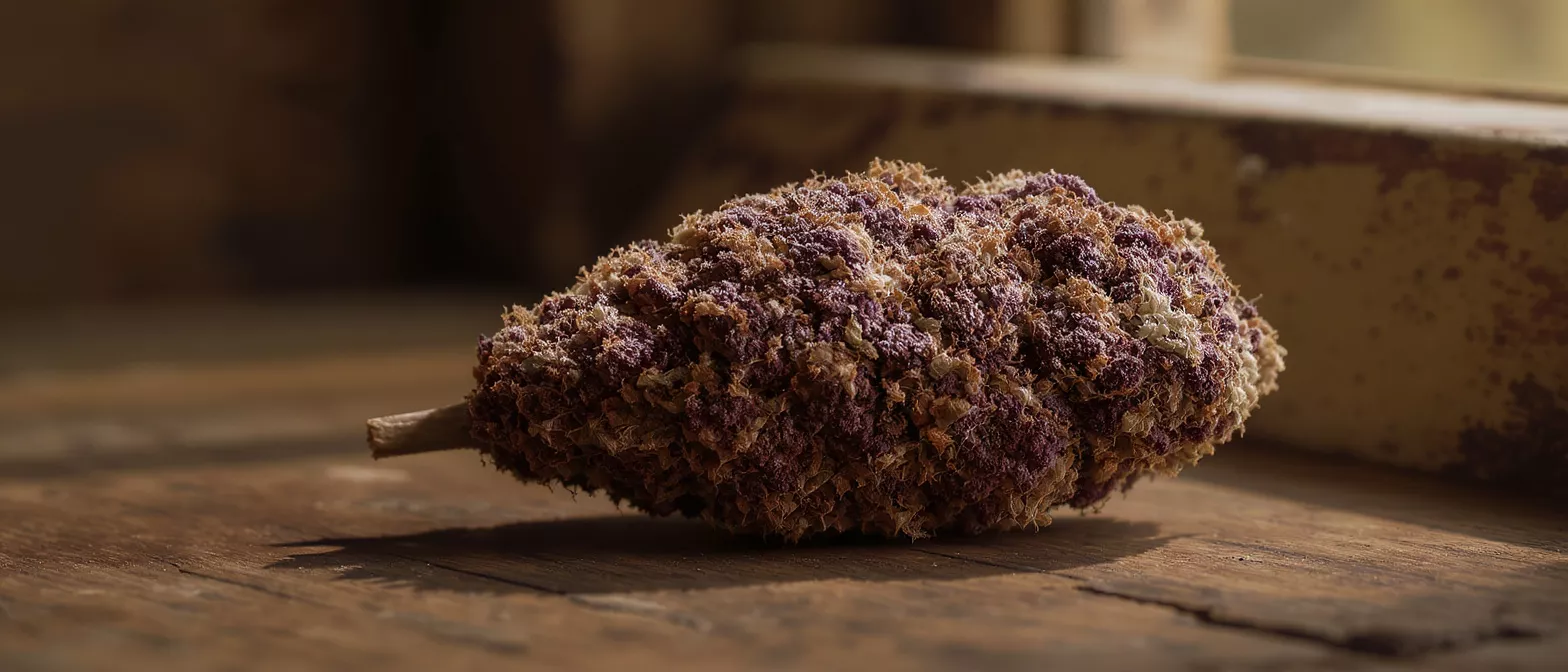 Primer plano de un capullo de cannabis morado y blanco sobre una mesa de madera rústica.
