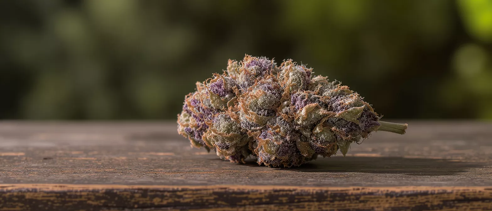 Close-up of a vibrant purple and green cannabis bud on a rustic wooden table.
