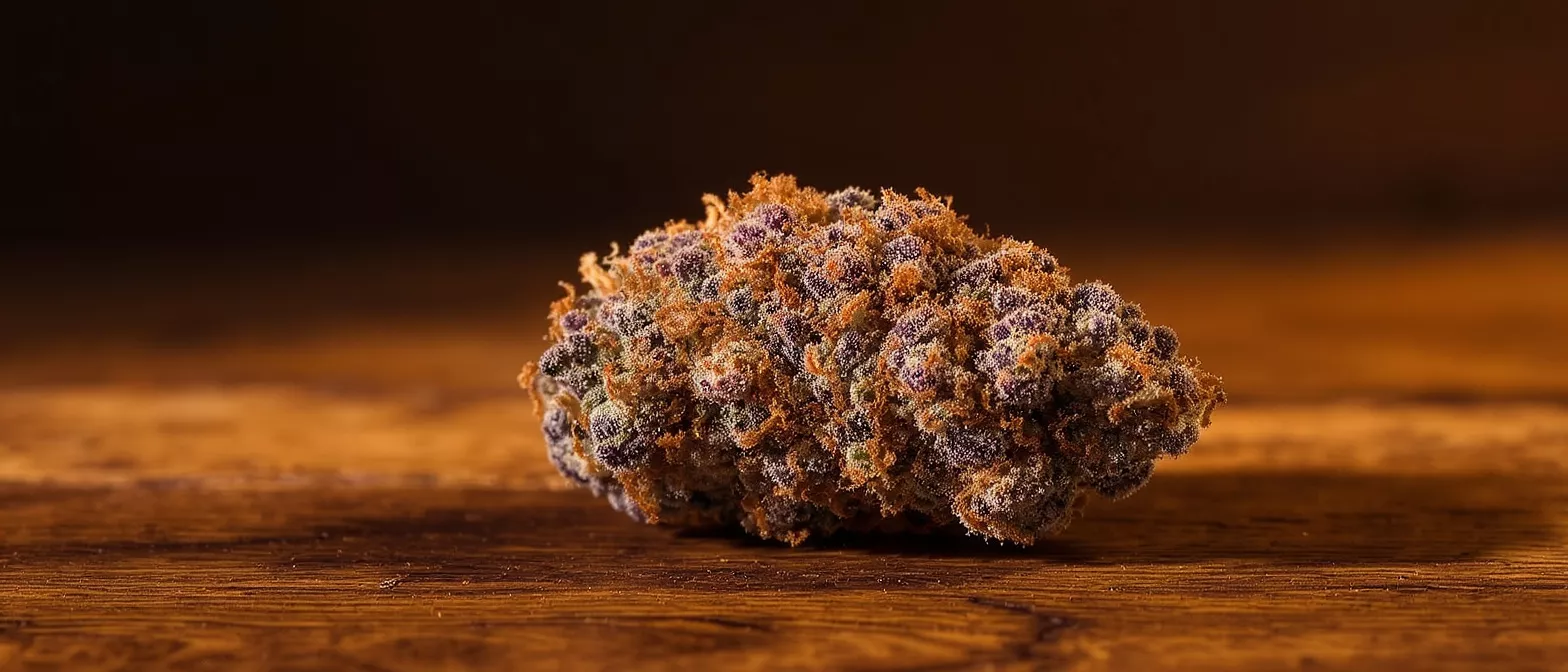 Close-up of a vibrant purple and orange cannabis bud on a wooden surface.