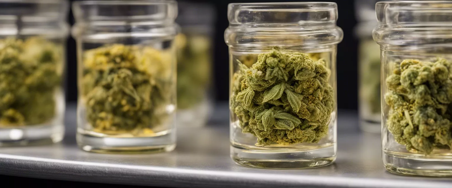 Premium Zaza cannabis buds showcased in clear jars on metal shelf.