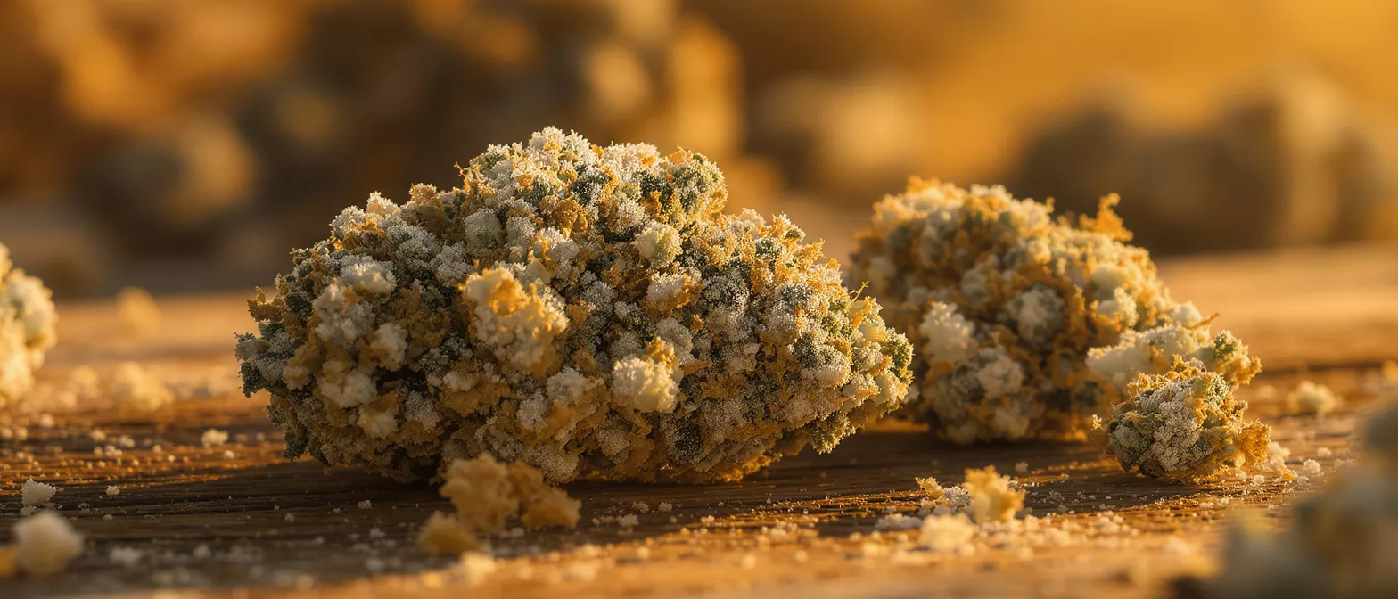 Close-up of sugar-coated nuggets on a wooden surface in golden light.