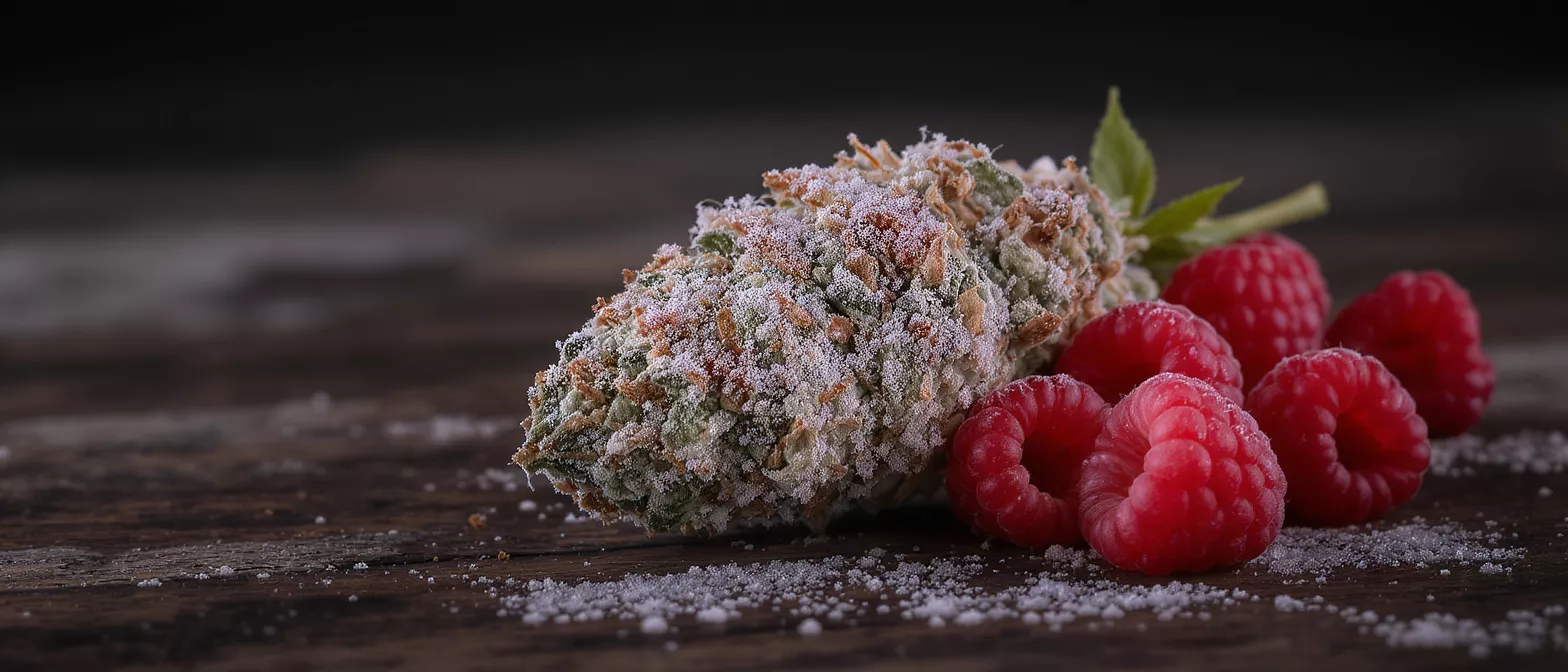 Close-up of a sugar-coated cannabis bud with fresh raspberries on a dark wooden surface.