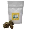 White pouch with yellow label, cannabis buds in front, labeled amnesia haze.