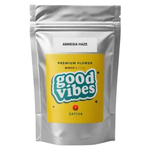 Silver packaging with yellow label, blue text, and cannabis branding.