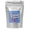 Silver pouch with blue label, good vibes, and blueberry donut text.