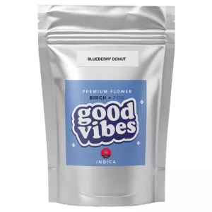 Silver pouch with blue label, good vibes, and blueberry donut text.