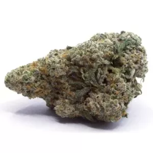 Close-up of dense cannabis bud with green hues, orange pistils, and frosty trichomes.