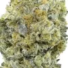 Dense cannabis bud covered in frosty trichomes with vibrant orange pistils.